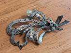 Zilveren broche met markasiet en pareltje, Met strass, 4 tot 7 cm, Onbekend, Ophalen of Verzenden