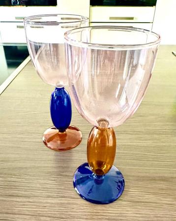 Wijnglas 2 Prachtige Puik glazen glas wijn oranje roze blauw beschikbaar voor biedingen