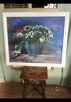 Groot schilderij (58 x 68) in groen / blauw tinten, bloemen., Antiek en Kunst, Ophalen