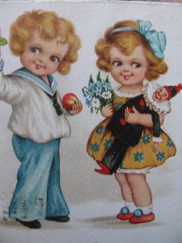 Antieke Kaart uit 1929 - Kinderen met Clown Pop / Bloemen beschikbaar voor biedingen