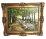 Oude schilderij restaurant buiten olieverf op doek, Ophalen of Verzenden