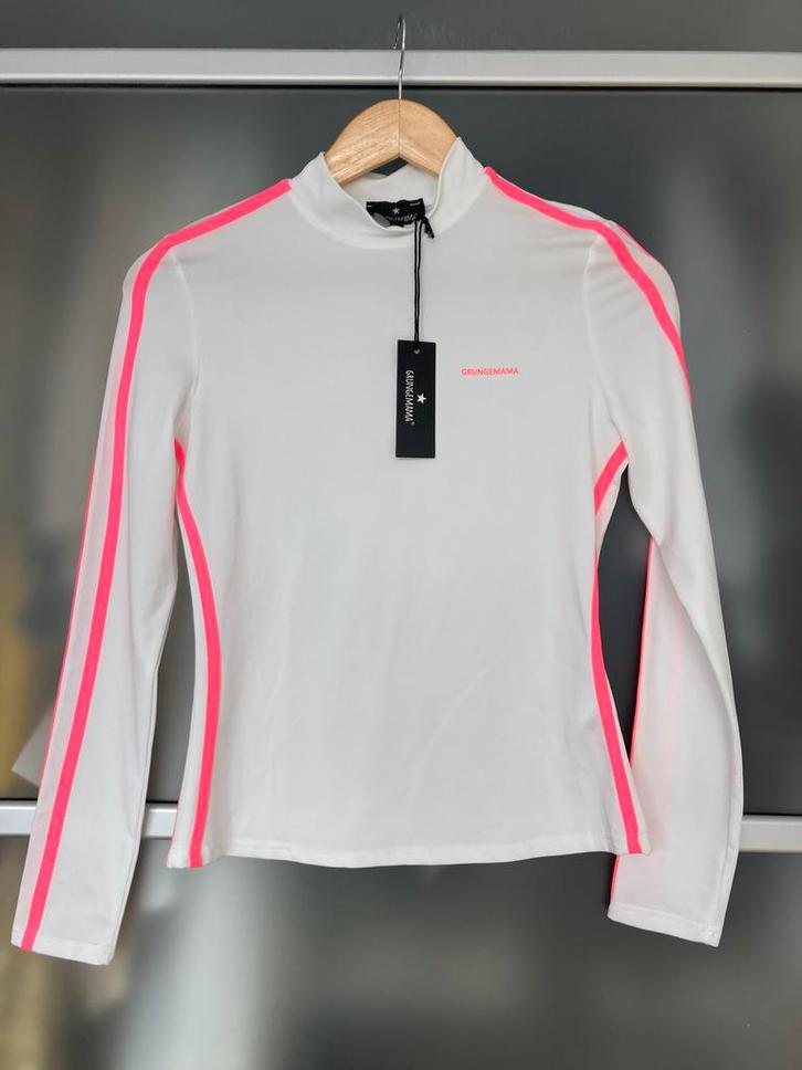 Y2K Grungemama White Neon Pink Stripe Stretch Mock Neck M/L, Kleding | Dames, Tops, Nieuw, Maat 38/40 (M), Roze, Lange mouw, Verzenden