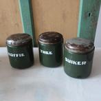 Pot emaille suiker koffie thee groen hoogte 15 cm SET PRIJS, Antiek en Kunst, Antiek | Emaille, Ophalen of Verzenden