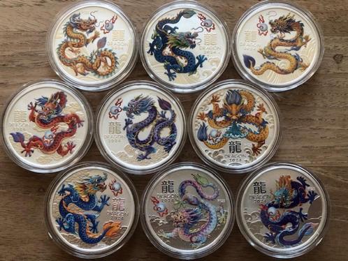 Complete set - 2024 Lunar dragon - 9 x 1 oz coloured silver, Postzegels en Munten, Edelmetalen en Baren, Zilver, Ophalen of Verzenden
