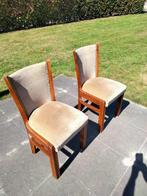 2 retro, vintage stoelen van teak hout en stof afgewerkt met, Antiek en Kunst, Antiek | Meubels | Stoelen en Banken, Ophalen