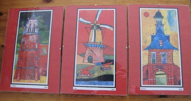 3 lijsten met reproducties van ludieke gebouwen in Gorinchem, Huis en Inrichting, Woonaccessoires | Overige, Zo goed als nieuw