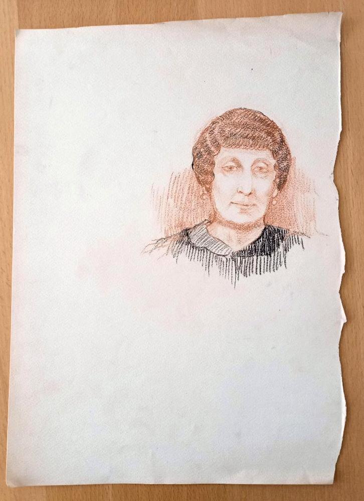 A493-41 Oude tekening Vrouw en face in kleur Plus schets, Antiek en Kunst, Kunst | Tekeningen en Foto's, Ophalen of Verzenden