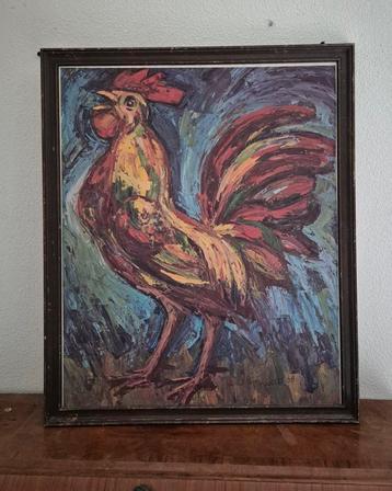 Schilderij haan geschilderd op hout beschikbaar voor biedingen