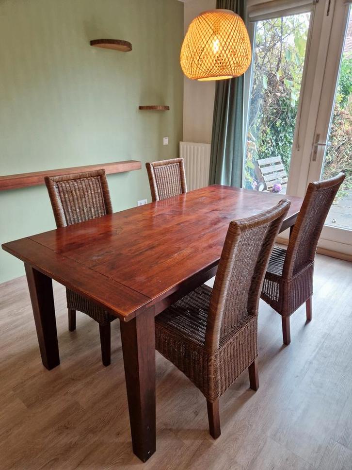 Set van 4 hardhouten/rotan stoelen, Huis en Inrichting, Stoelen, Gebruikt, Vier, Hout, Riet of Rotan, Bruin, Ophalen