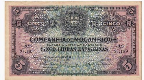 Mozambique, 5 Libras, 1934, XF, Postzegels en Munten, Bankbiljetten | Afrika, Los biljet, Overige landen, Ophalen of Verzenden