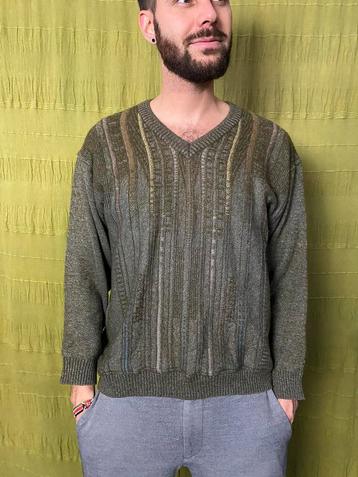 Vintage trui / sweater / groen / khaki / small / S / print 