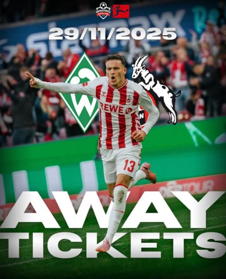 Werder Bremen - FC Köln Tickets, Tickets en Kaartjes, Sport | Voetbal, Twee personen, November, Losse kaart, Buitenland