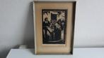 Houtsnede, zwart wit, drie mannen, gesigneerd, Ophalen of Verzenden