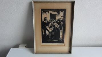 Houtsnede, zwart wit, drie mannen, gesigneerd beschikbaar voor biedingen