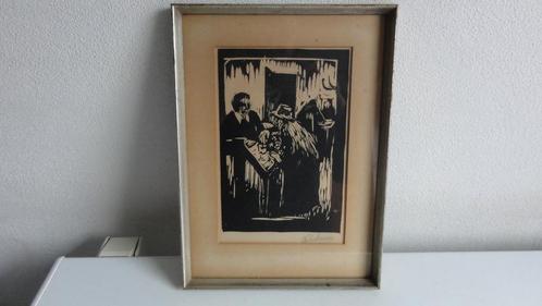 Houtsnede, zwart wit, drie mannen, gesigneerd, Antiek en Kunst, Kunst | Etsen en Gravures, Ophalen of Verzenden