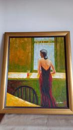 Schilderij van een vrouw in een rode jurk, Antiek en Kunst, Ophalen of Verzenden