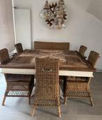 Riviera maison tafel 150 bij 150 incl stoelen en bankje, Huis en Inrichting, Riviera maison, Vierkant, Ophalen of Verzenden, Zo goed als nieuw