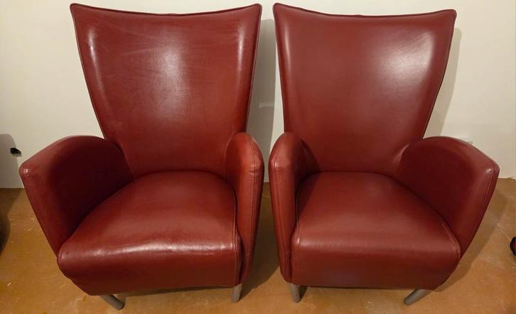 Twee mooie warm rode leren fauteuils, Huis en Inrichting, Fauteuils, Ophalen
