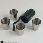 Vintage set RVS borrelglaasjes met zwart lederen foedraal, Ophalen of Verzenden