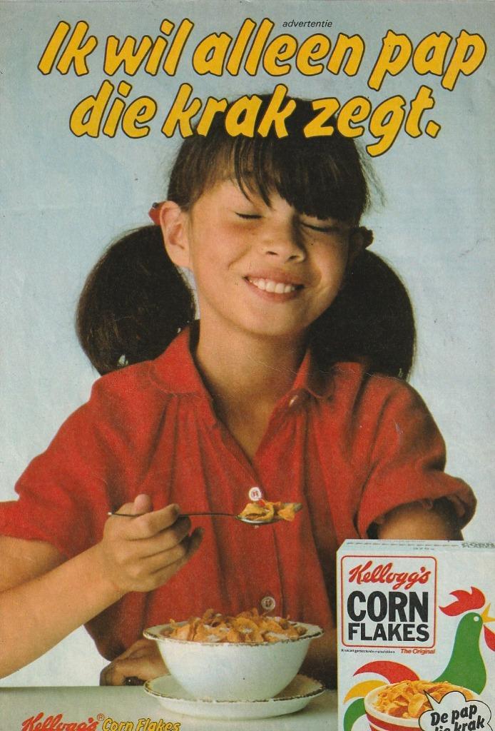 retro reclame 1980 Kellogg's Cornflakes meisje wil papkrak, Verzamelen, Retro, Overige typen, Verzenden