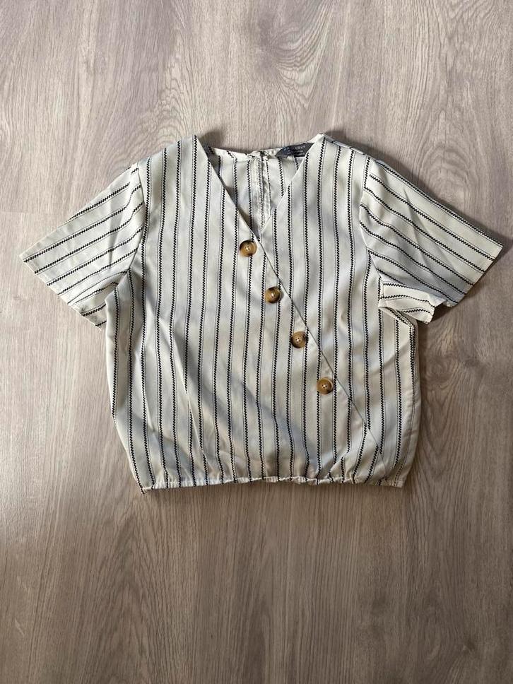 Zwart/creme gestreept shirtje met knoopjes, Kinderen en Baby's, Kinderkleding | Maat 128, Zo goed als nieuw, Meisje, Shirt of Longsleeve