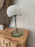 Vintage mid-century tafellamp — opaline kap, glazen voet Ø20, Ophalen, Gebruikt, Glas, Minder dan 50 cm