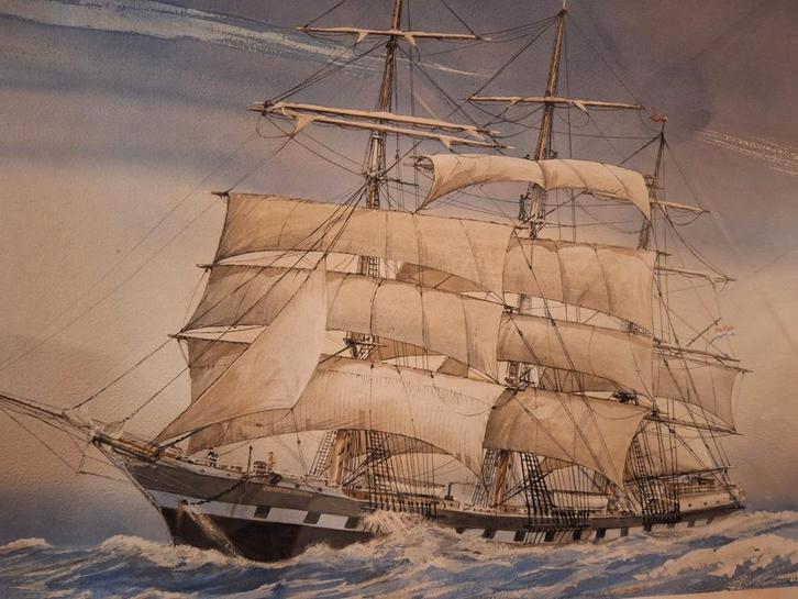 Aquarel van een Fregat, Antiek en Kunst, Kunst | Schilderijen | Klassiek, Ophalen of Verzenden