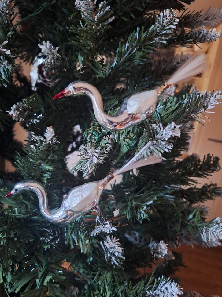 (2)Antieke Glazen Vogel Kerstbal op clip/Glasfiber Staart, Antiek en Kunst, Curiosa en Brocante, Ophalen of Verzenden