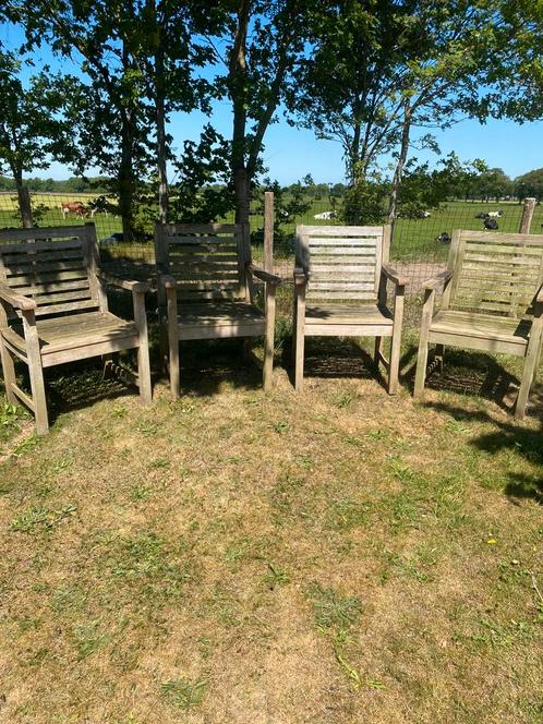 4 Teakhouten blokstoelen -opknappers-, Tuin en Terras, Tuinstoelen, Gebruikt, Ophalen