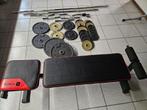 Halterschijven incl. Stangen en fitnessbank, Sport en Fitness, Fitnessmaterialen, Ophalen, Gebruikt, Fitnessbank