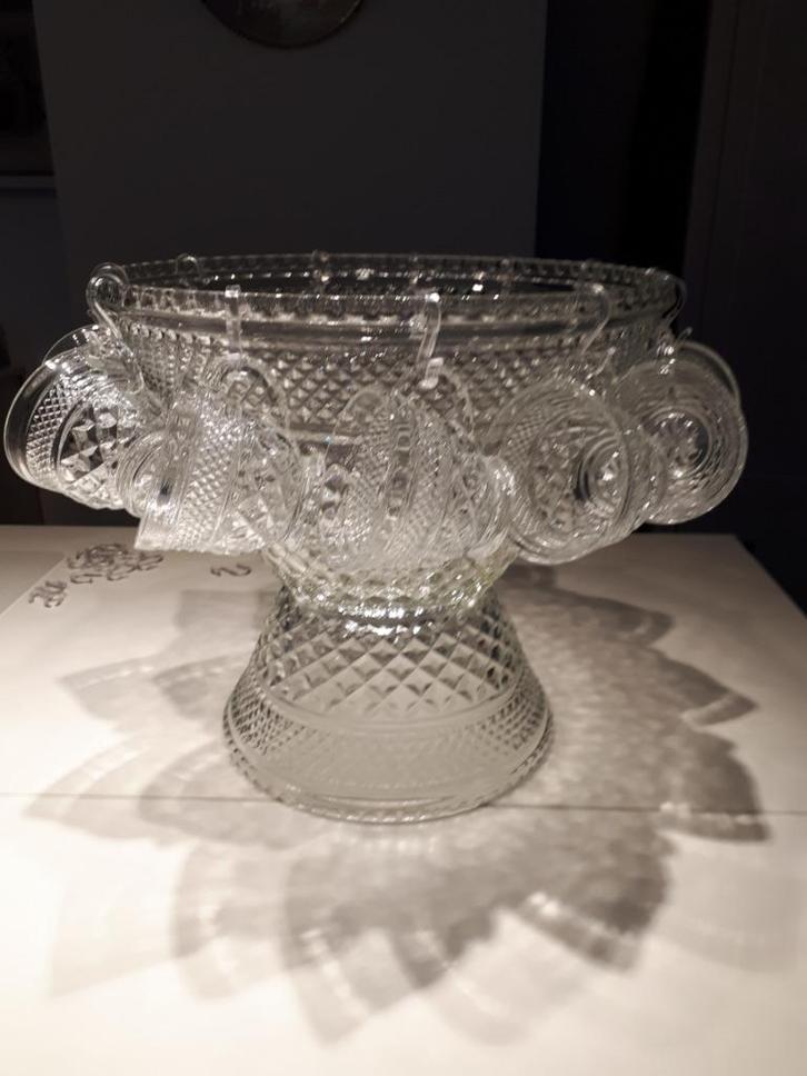 Puntgave vintage bowl set met17 glaasjes, haakjes en lepel., Antiek en Kunst, Antiek | Glas en Kristal, Ophalen of Verzenden