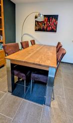 Teakhout eettafel met RVS poten, Huis en Inrichting, Tafels | Eettafels, Ophalen, Teakhout, 200 cm of meer, 50 tot 100 cm