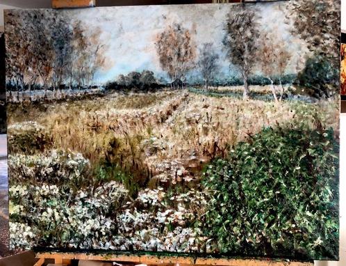 Groot modern schilderij Drents Landschap 90 x 120 cm, Antiek en Kunst, Kunst | Schilderijen | Modern, Ophalen of Verzenden
