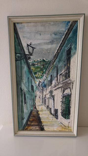 Olieverf/acryl schilderij. van Spaans dorpje. beschikbaar voor biedingen