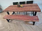 Boomstam eettafel set acaciahout., Huis en Inrichting, Tafels | Eettafels, Ophalen, 50 tot 100 cm, Zo goed als nieuw, Vijf personen of meer