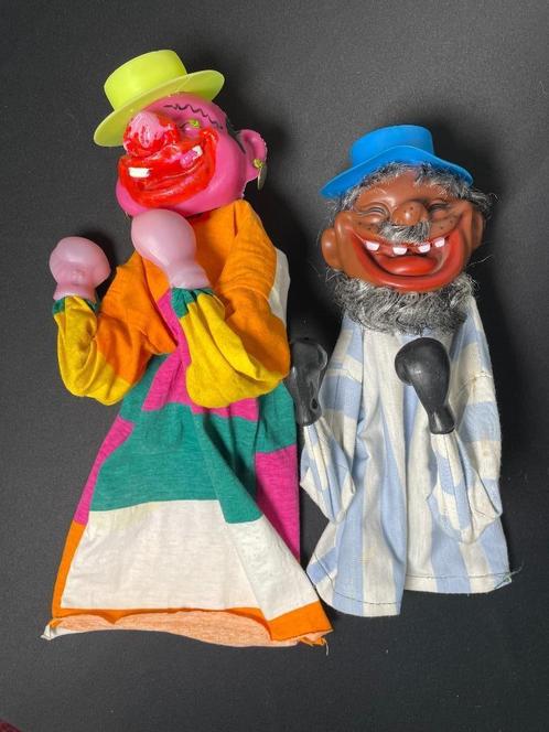 Paar vintage bokshandpoppen Aziatische man en clown, Antiek en Kunst, Curiosa en Brocante, Ophalen of Verzenden
