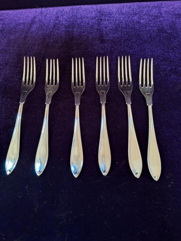 Zes verzilverde taartvorkjes Gense in originele doos, Antiek en Kunst, Antiek | Bestek, Ophalen of Verzenden