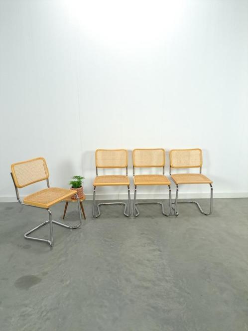 Italiaanse webbing set stoelen met chromen buisframe vintage, Huis en Inrichting, Stoelen, Gebruikt, Vier, Hout, Metaal, Riet of Rotan