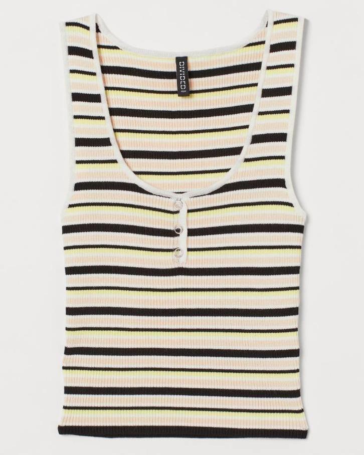 H&M geribde tanktop top beige zwart geel gestreept maat XS, Kleding | Dames, Tops, Nieuw, Maat 34 (XS) of kleiner, Beige, Zonder mouw