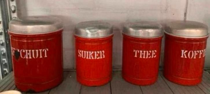 Emaille vier koffie thee suiken beschuit voorraad bussen., Antiek en Kunst, Antiek | Emaille, Ophalen of Verzenden