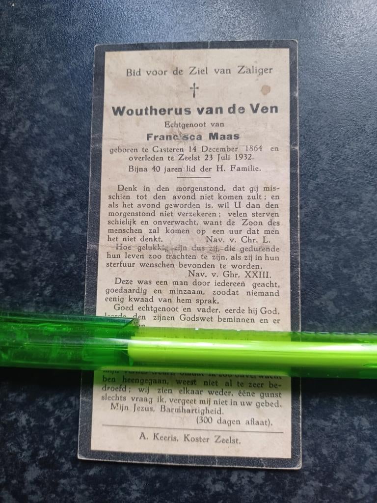 Bidprentje Casteren Zeelst Woutherus vd Ven 1864 1932, Ophalen, Bidprentje