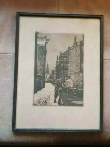 Ets Cornelis Brandenburg - Amsterdam Zeedijk winter gesign, Antiek en Kunst, Kunst | Etsen en Gravures, Ophalen