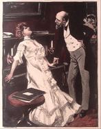 Originele jugendstil prent Leunend tegen de piano, Gebruikt, -, Verzenden, -