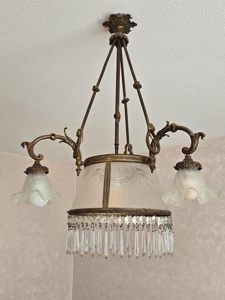 Antieke Hanglamp met Kristallen, Huis en Inrichting, Lampen | Hanglampen, Gebruikt, 50 tot 75 cm, Glas, Metaal, Ophalen