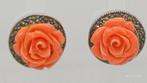 Zilveren Vintage Oorbellen Bloedkoraal Roos Markasiet, Ophalen of Verzenden, Met edelsteen, Knopjes of Stekers, Rood