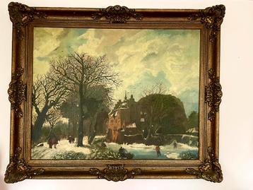 Oud schilderij sneeuwpret. Komplwet met antieke lijst. beschikbaar voor biedingen