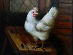 Schilderij haan / kippen pluimvee fraaie goudvergulde lijst, Antiek en Kunst, Kunst | Schilderijen | Klassiek, Ophalen of Verzenden