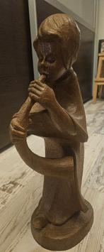 Groot, oud houten beeld van jongen met trompet., Ophalen of Verzenden
