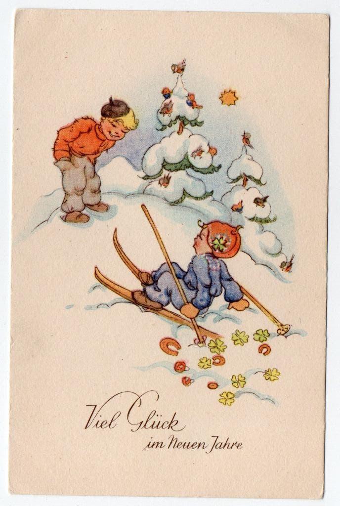 Nieuwjaar - Kinderen - Skiën - Hoefijzer - Klaver 4, Verzamelen, Ansichtkaarten | Themakaarten, Verzenden, 1960 tot 1980, Ongelopen