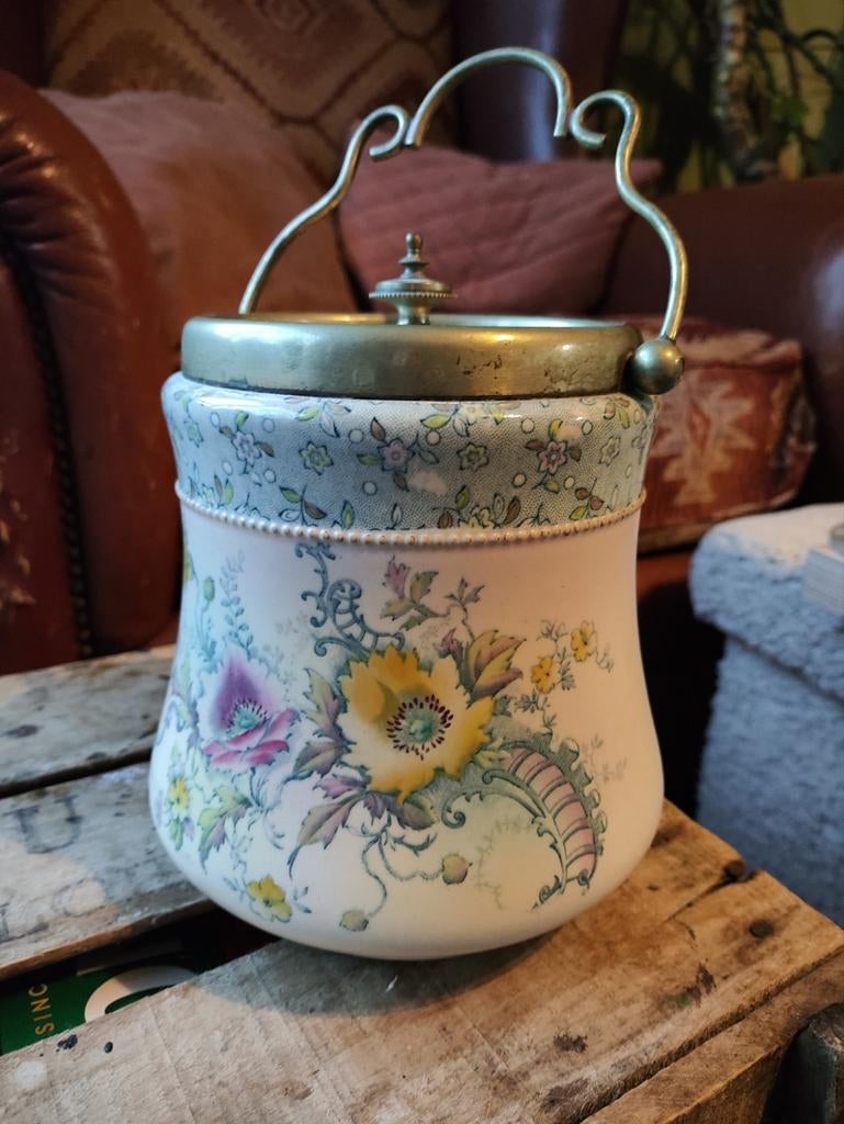 romantische Antieke koekjespot met bloemmotief, Antiek en Kunst, Antiek | Keramiek en Aardewerk, Ophalen of Verzenden